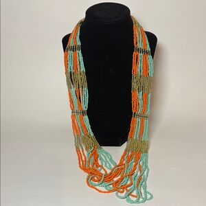 Multicolor Orange, Teal and Gold Tone Seed Beaded Necklace 30” with ext